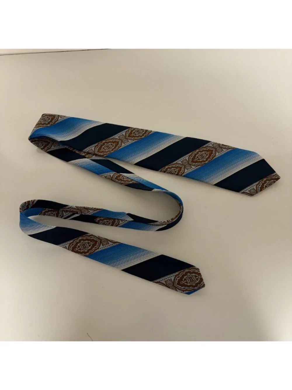 Vintage Polyester Tie Blue Rust Abstract Striped Mens Necktie Classic Office
